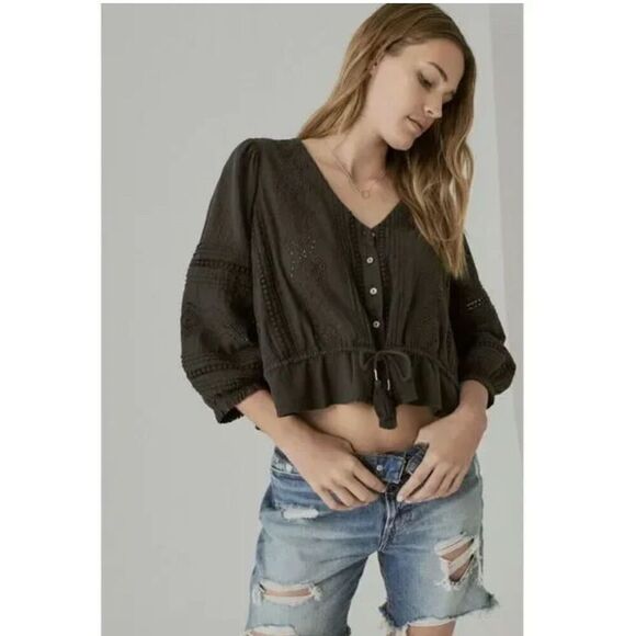 Lucky Brand gray eyelet button front w/tie boho peasant shirt top blouse S - Picture 2 of 14